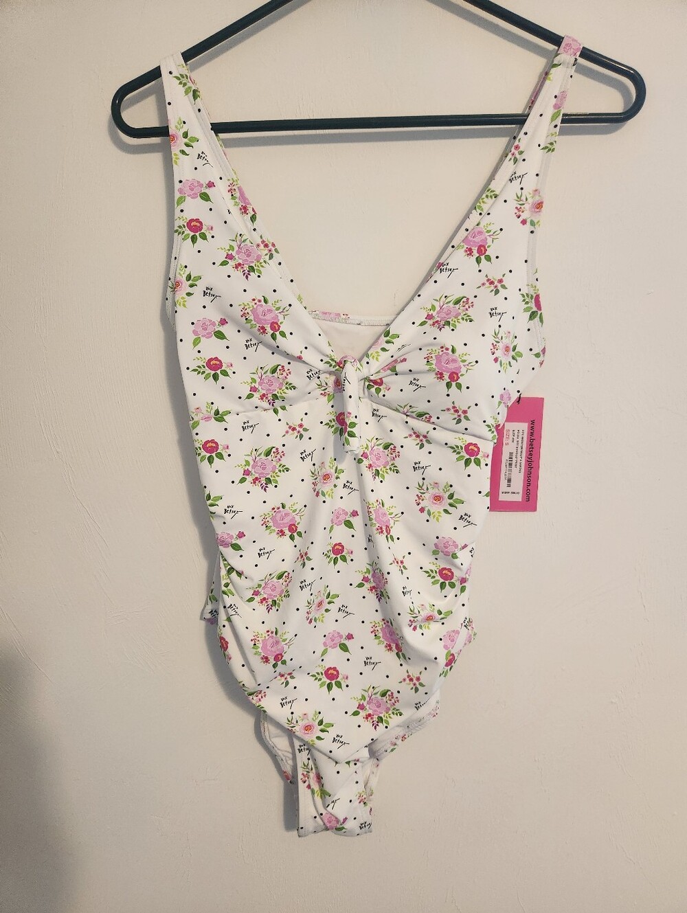 Betsey Johnson 1 Piece Swimsuit  With Sarong Size SM Polka Dot Bouquet Print NWT